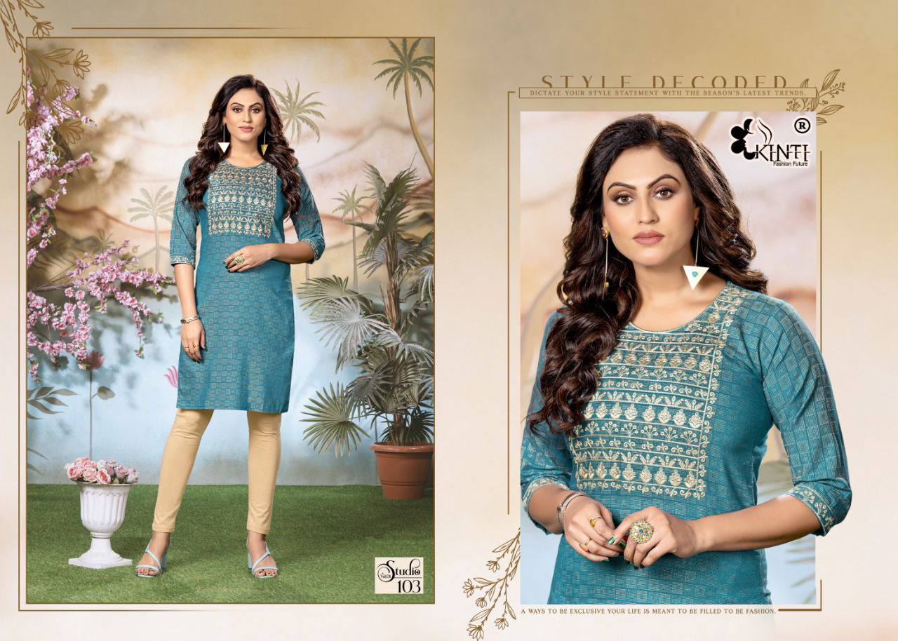 Kinti Studio 1 Fancy Regular Wear Cotton Embroidery Kurti Collection